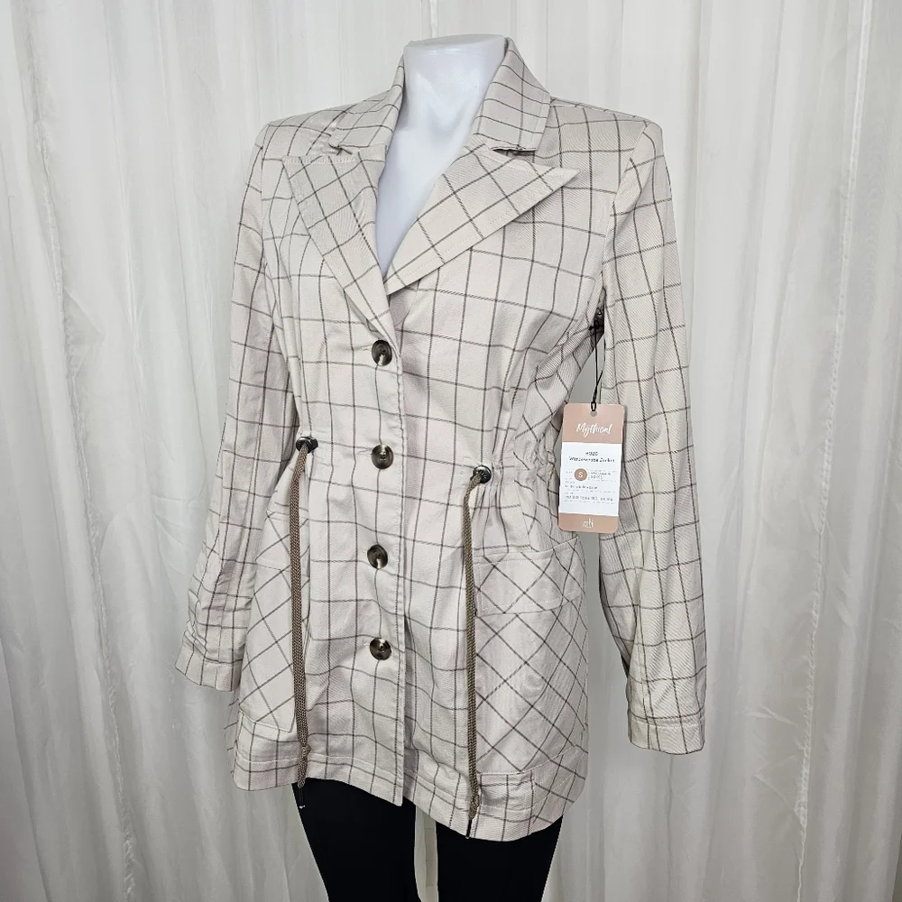 Cabi Windowpane Jacket Style # 6026 Taupe Cinched Waist Size Small
